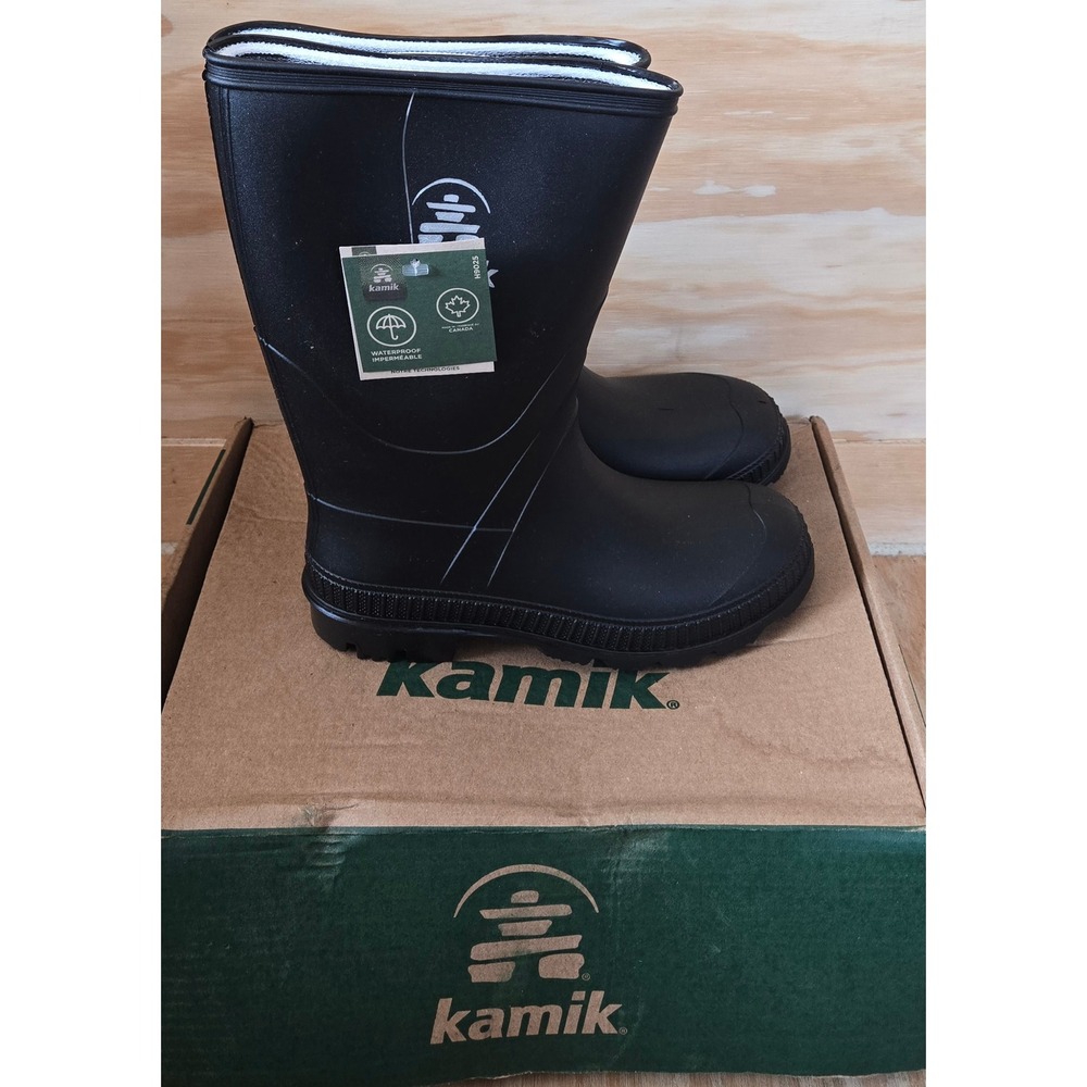 Kamik Stomp Kids Black Waterproof Rain Boots Size 3 EK4149F BKA Made in Canada - Picture 3 of 5